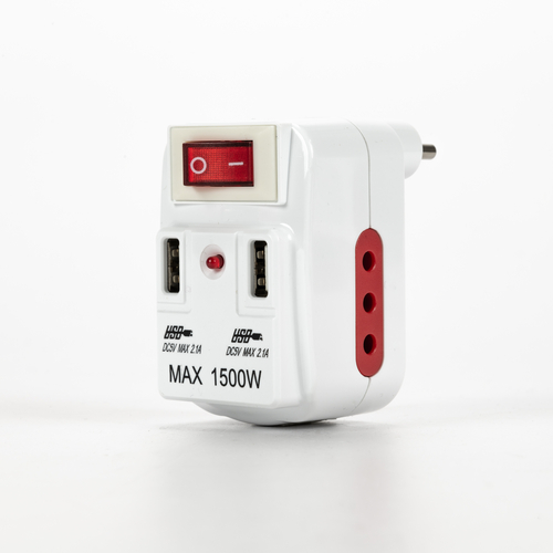 Adattatore Doppio · 2 USB · Spina Disassata · Interruttore ON/OFF · 10A