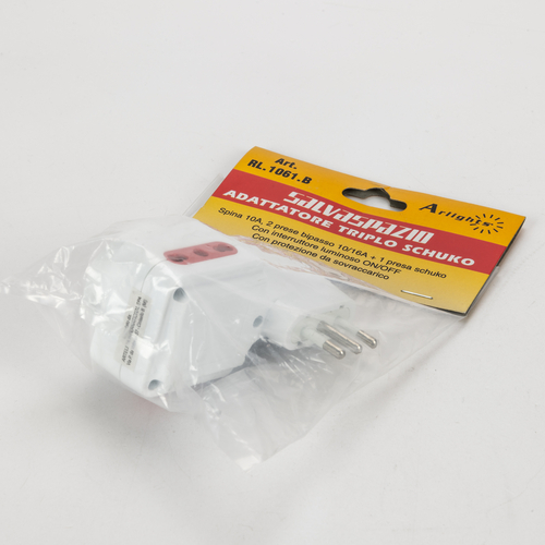 Adattatore Triplo Salvaspazio · Spina Disassata · Schuko · Interruttore ON/OFF