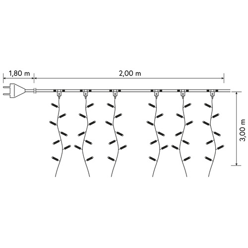 Luci di Natale · Tenda Luminosa · Bianco Puro · 444 LED · 12 Cadute H = 3 m · Cavo Nero