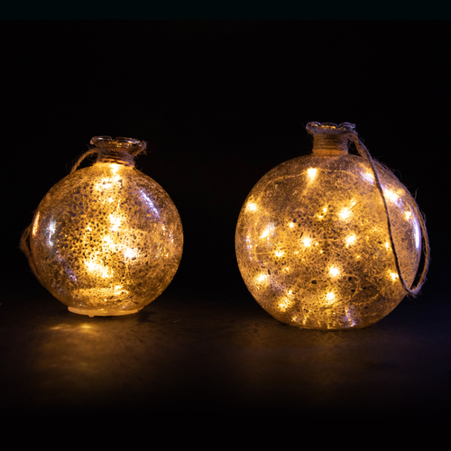 2 Bottiglie in Vetro Soffiato · Brunito e Serigrafato · Bianco Caldo · A Batteria