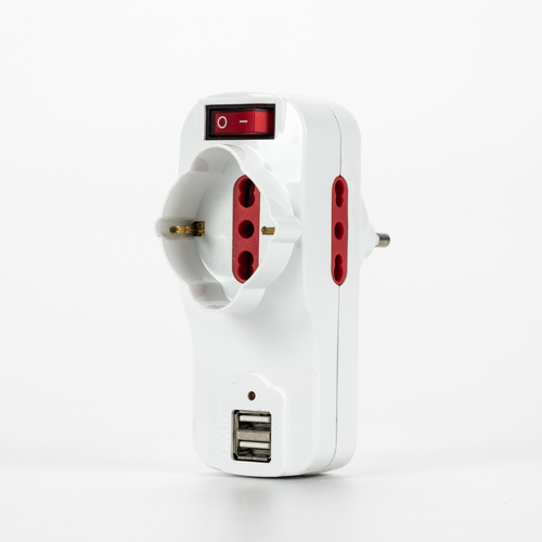 Adattatore Doppio · 2 USB · Spina Disassata · Interruttore ON/OFF