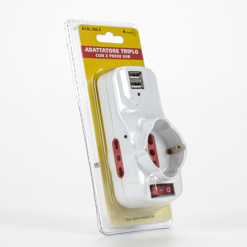 Adattatore Triplo e Schuko · USB · Spina Rotante di 90° · Interruttore ON/OFF