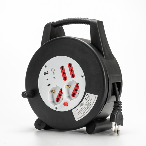 Avvolgicavo in ABS · 15 metri · Con Disgiuntore Termico a Riarmo Manuale · Potenza Max. 3000W