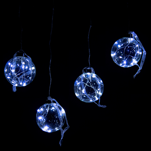 Set 4 Sfere Luminose · In Vetro Soffiato · con MicroLED · Bianco Freddo · Ø 10 cm