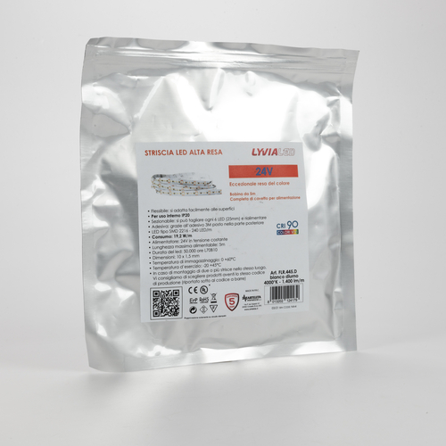 Striscia LED 24V · Effetto Luce Continua · Bianco Freddo 6.500°K · Bobina da 5 m