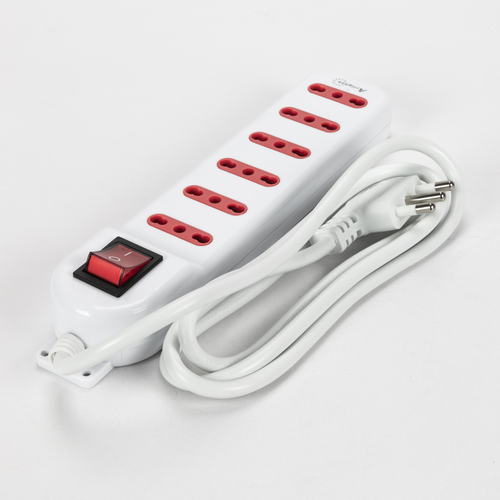 Multipresa Serie Compact · 6 Prese · Interruttore ON/OFF · Lunghezza Cavo 1,5m. · Bianca