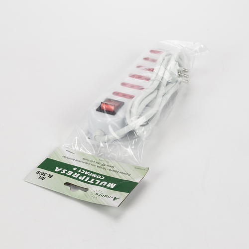 Multipresa Serie Compact · 6 Prese · Interruttore ON/OFF · Lunghezza Cavo 1,5m. · Bianca