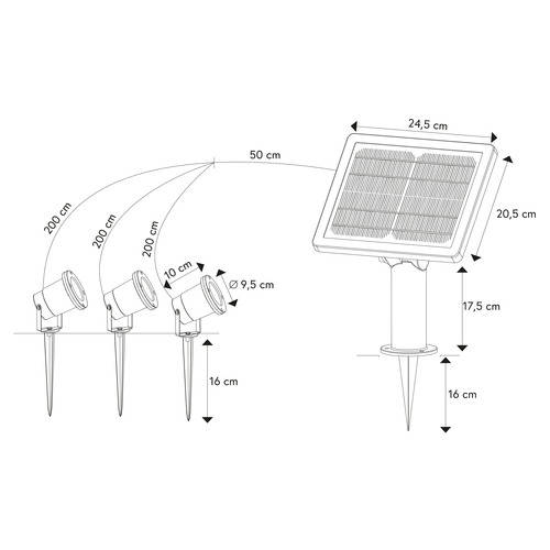 Set 3 Faretti Solari LED · Da Giardino · Per esterno · 4000° K · Con sensore crepuscolare