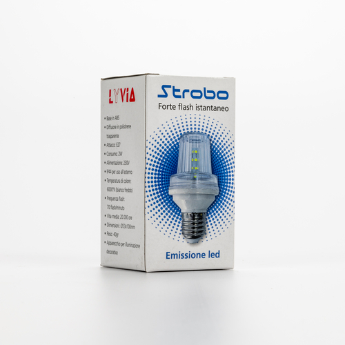 Lampadina LED Strobo 2W · Forte Flash istantaneo · Attacco E27 · Bianco Freddo