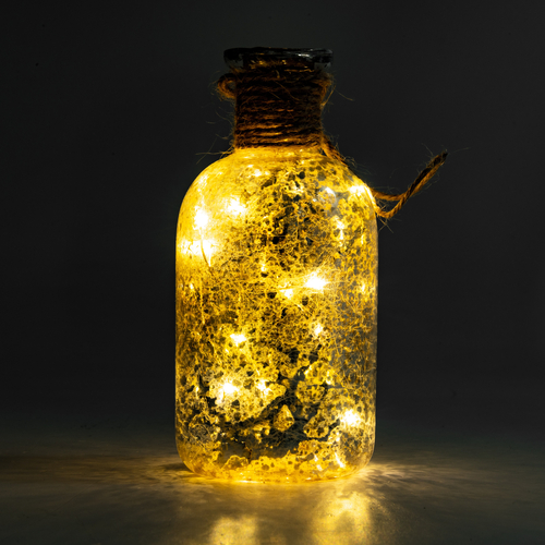 Bottiglia in Vetro Soffiato · Brunito e Serigrafato · 10 Micro LED · Bianco Caldo · A Batteria