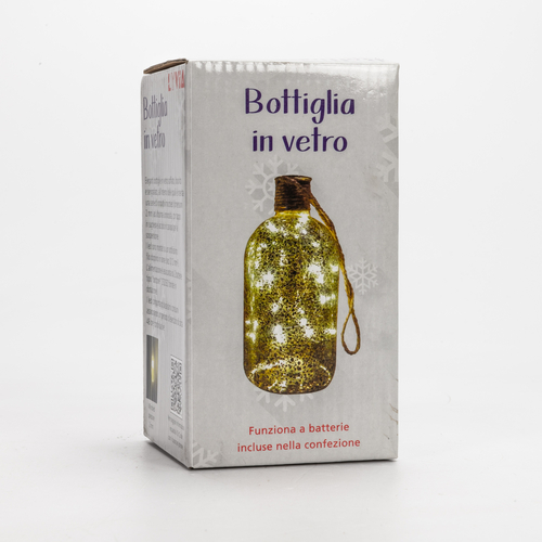 Bottiglia in Vetro Soffiato · Brunito e Serigrafato · 10 Micro LED · Bianco Caldo · A Batteria