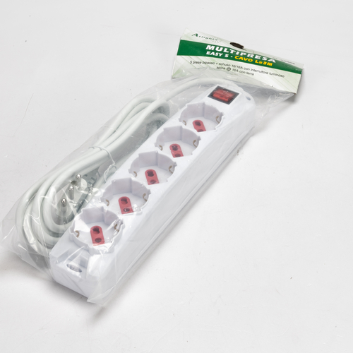 Multipresa Serie Easy · 5 Prese Schuko · Spina Salvaspazio · Cavo Alimentazione 3m. · Bianca