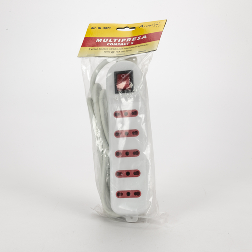 Multipresa Serie Compact · 5 Prese · Lunghezza Cavo 1,5m. · Interruttore ON/OFF · Bianca