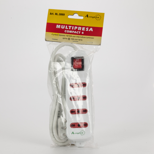 Multipresa Serie Compact · 4 Prese · Lunghezza Cavo 1,5m · Interruttore ON/OFF · Bianca 