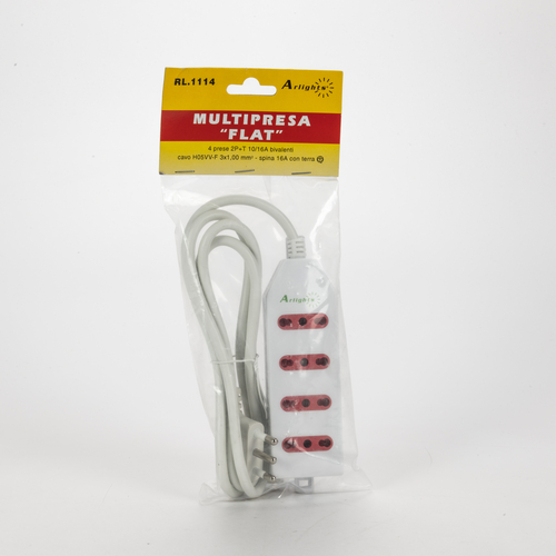 Multipresa Serie Flat · 4 Prese · Lunghezza Cavo 1,4 m. · Colore Bianco